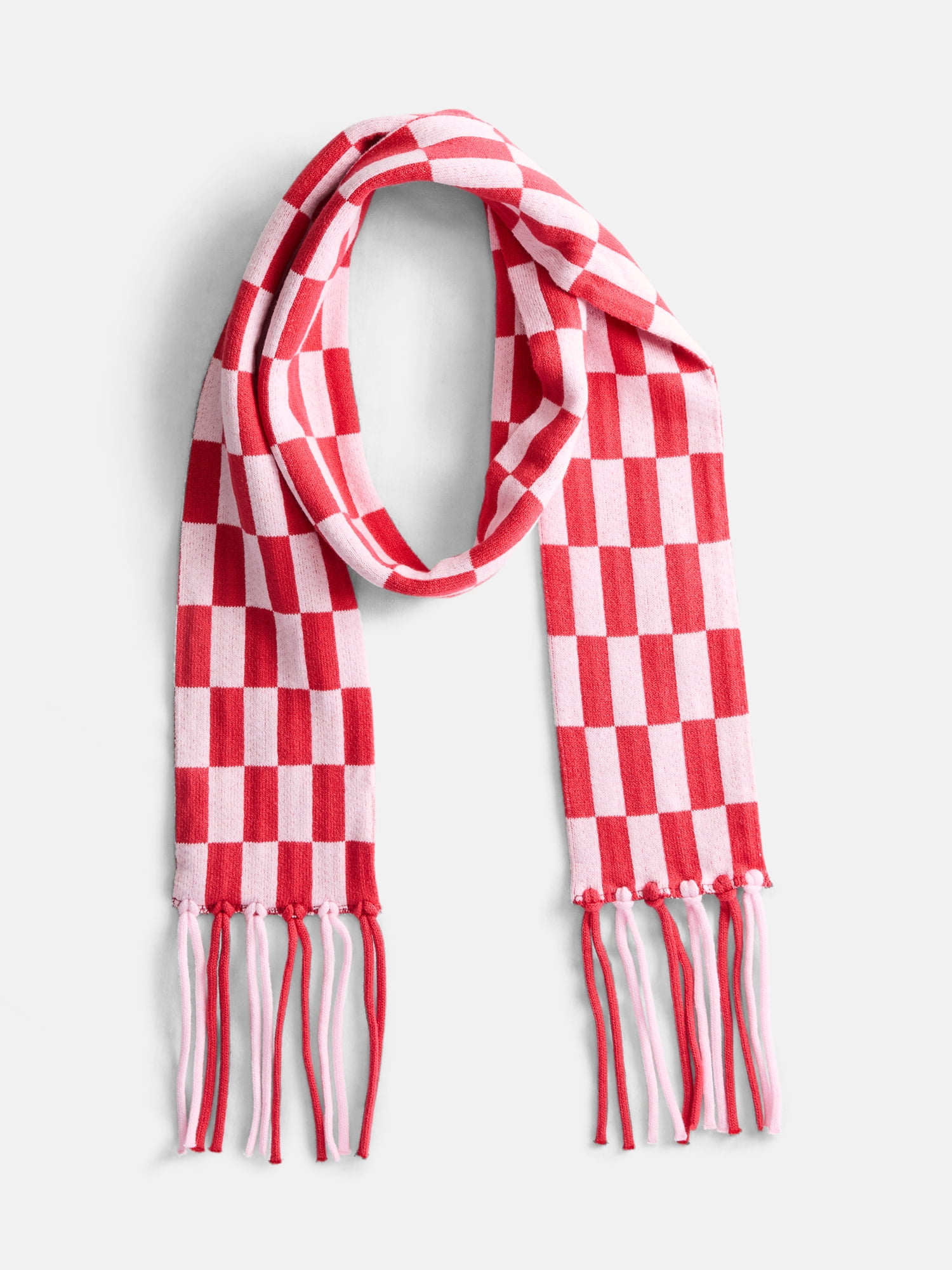 No Boundaries Women's Check Scarf with Fringe, Ruby Light