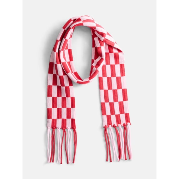 No Boundaries Women's Check Scarf with Fringe, Ruby Light