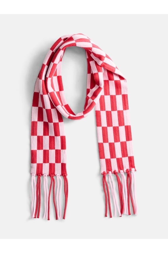 Women's Check Scarf with Fringe, Ruby Light