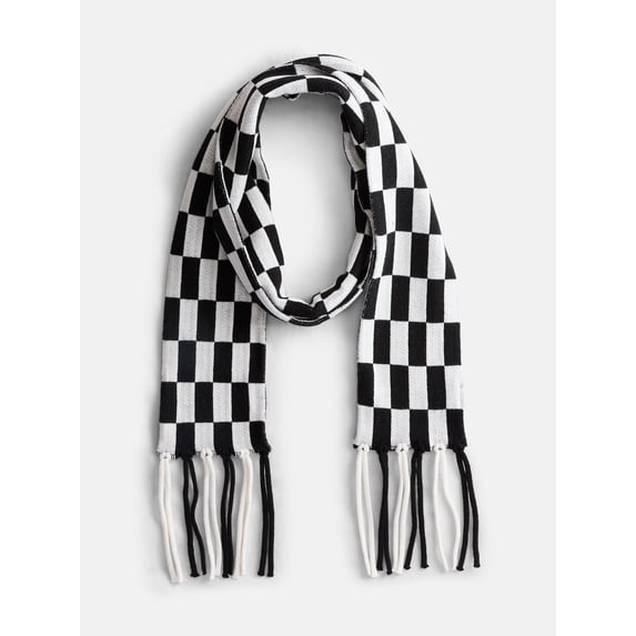 No Boundaries Women's Check Scarf with Fringe, Black Soot