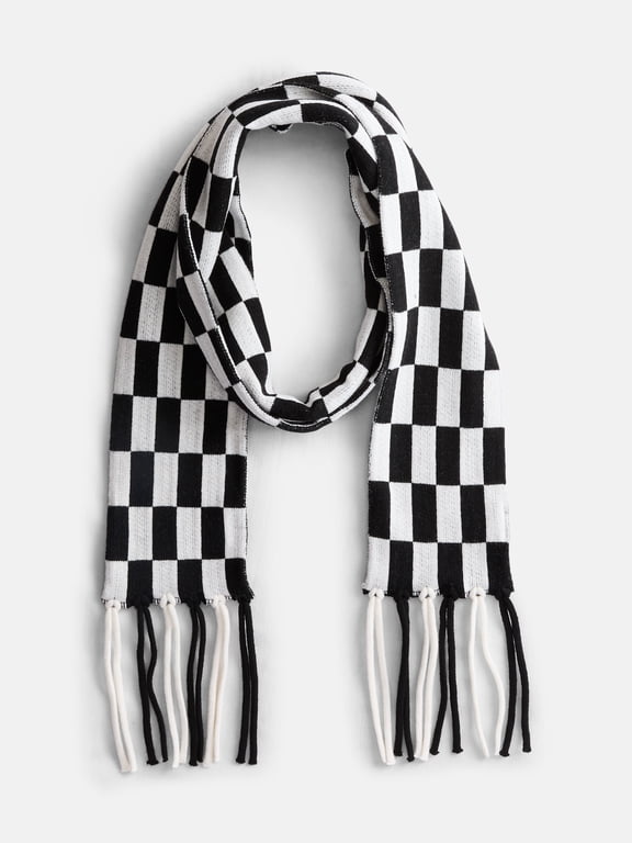 Women's Check Scarf with Fringe, Black Soot