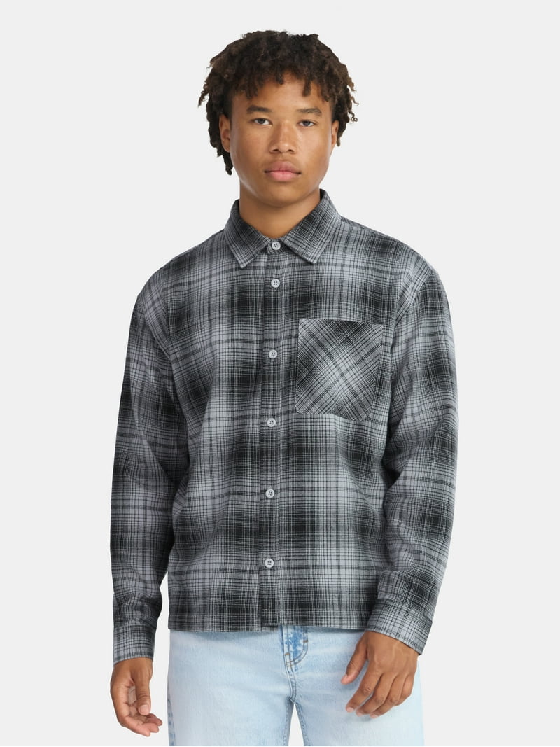 No Boundaries Collared Cotton Boxy Cropped Fit Flannel Shirt, Men's and Big Men's Sizes Xs-5xl, Gray