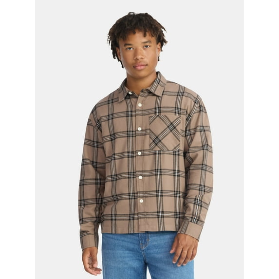 No Boundaries Collared Cotton Boxy Cropped Fit Flannel Shirt, Men's and Big Men's Sizes XS-5XL