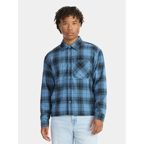 No Boundaries Collared Cotton Boxy Cropped Fit Flannel Shirt, Men's and Big Men's Sizes XS-5XL