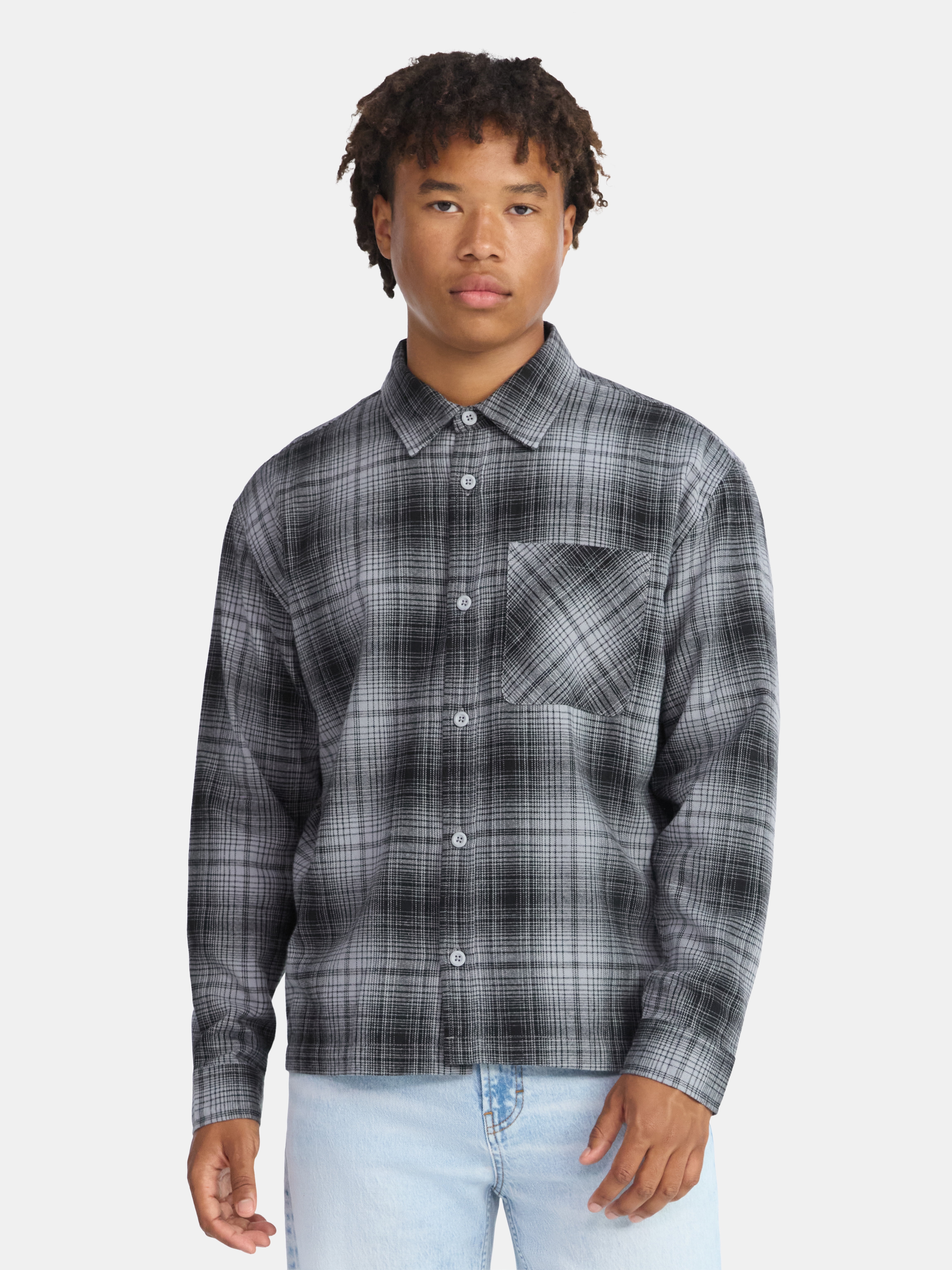 No Boundaries Collared Cotton Boxy Cropped Fit Flannel Shirt, Men's and Big Men's Sizes XS-5XL