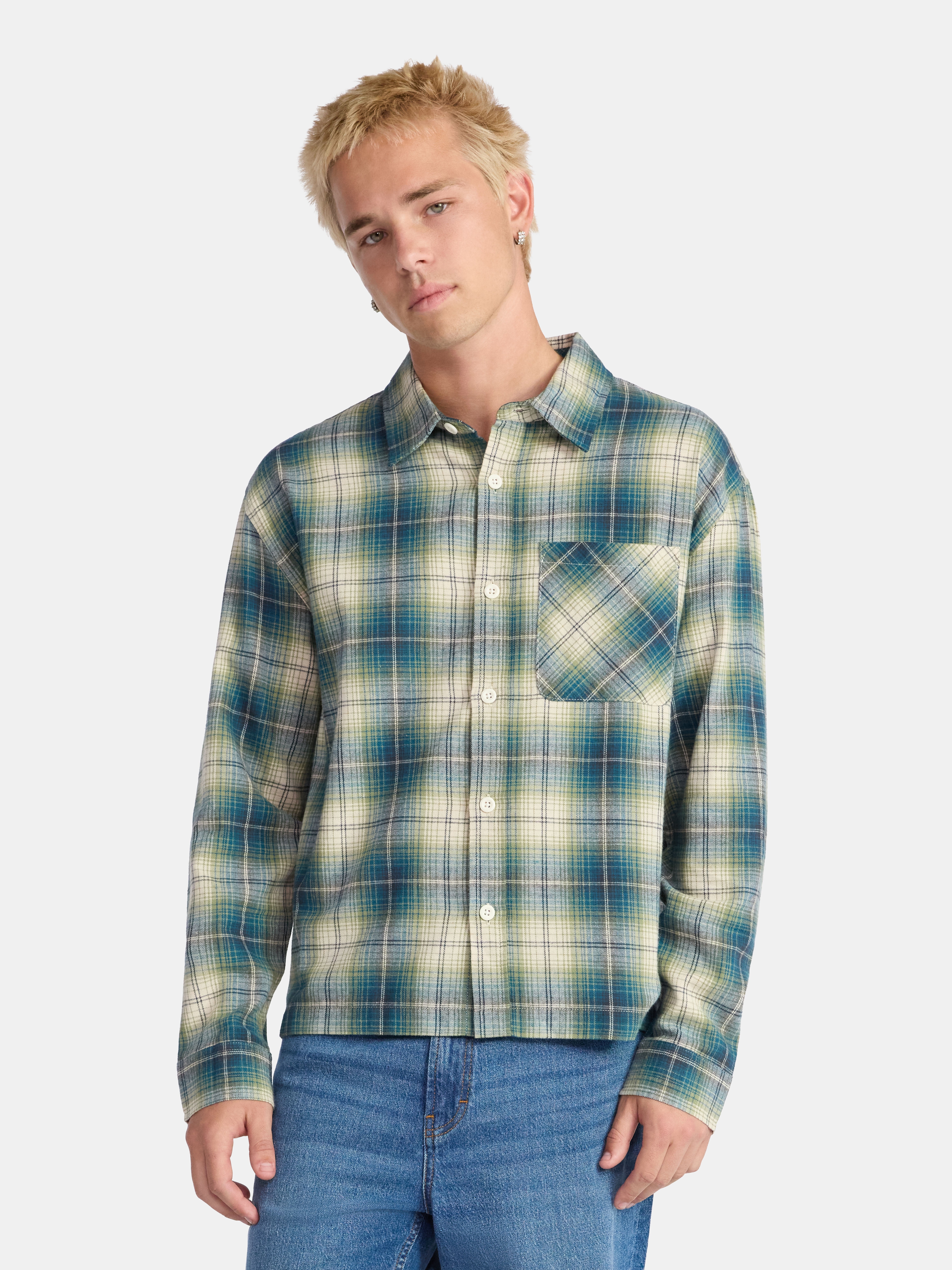 No Boundaries Collared Cotton Boxy Cropped Fit Flannel Shirt, Men's and Big Men's Sizes XS-5XL