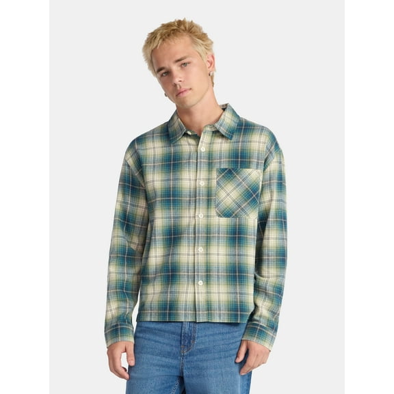 No Boundaries Collared Cotton Boxy Cropped Fit Flannel Shirt, Men's and Big Men's Sizes XS-5XL