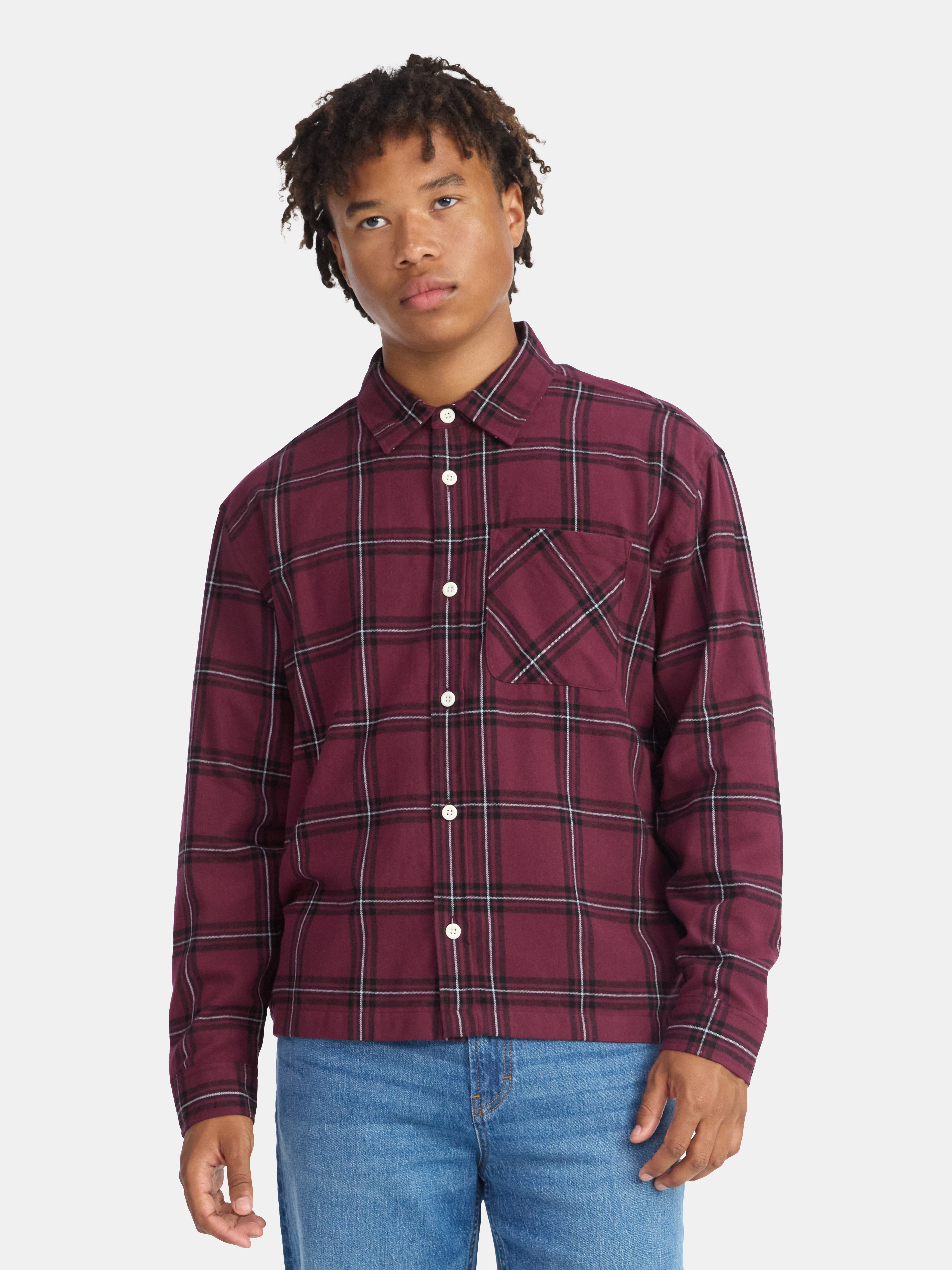 No Boundaries Collared Cotton Boxy Cropped Fit Flannel Shirt, Men's and Big Men's Sizes XS-5XL