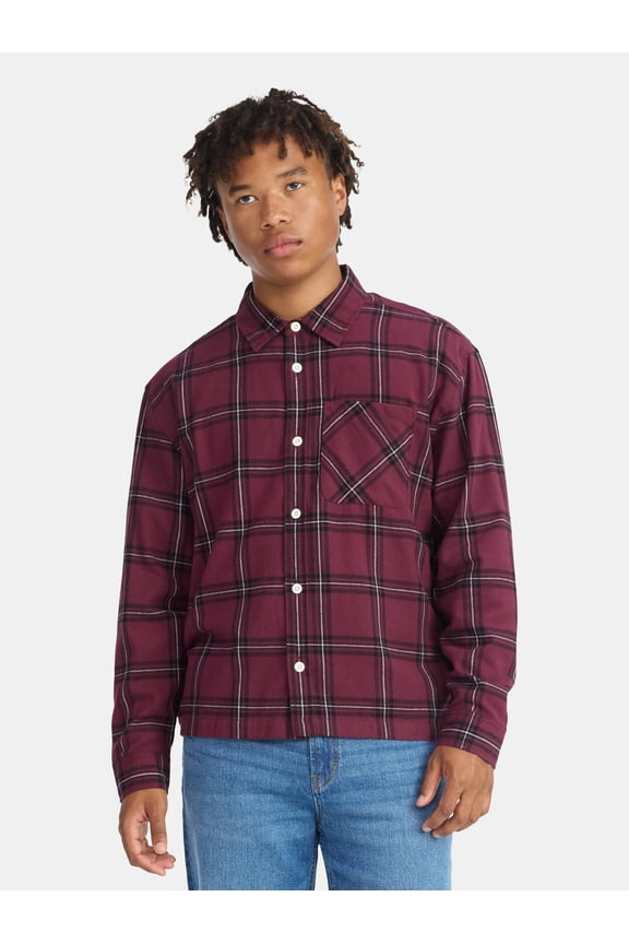 Collared Cotton Boxy Cropped Fit Flannel Shirt, Men's and Big Men's Sizes XS-5XL