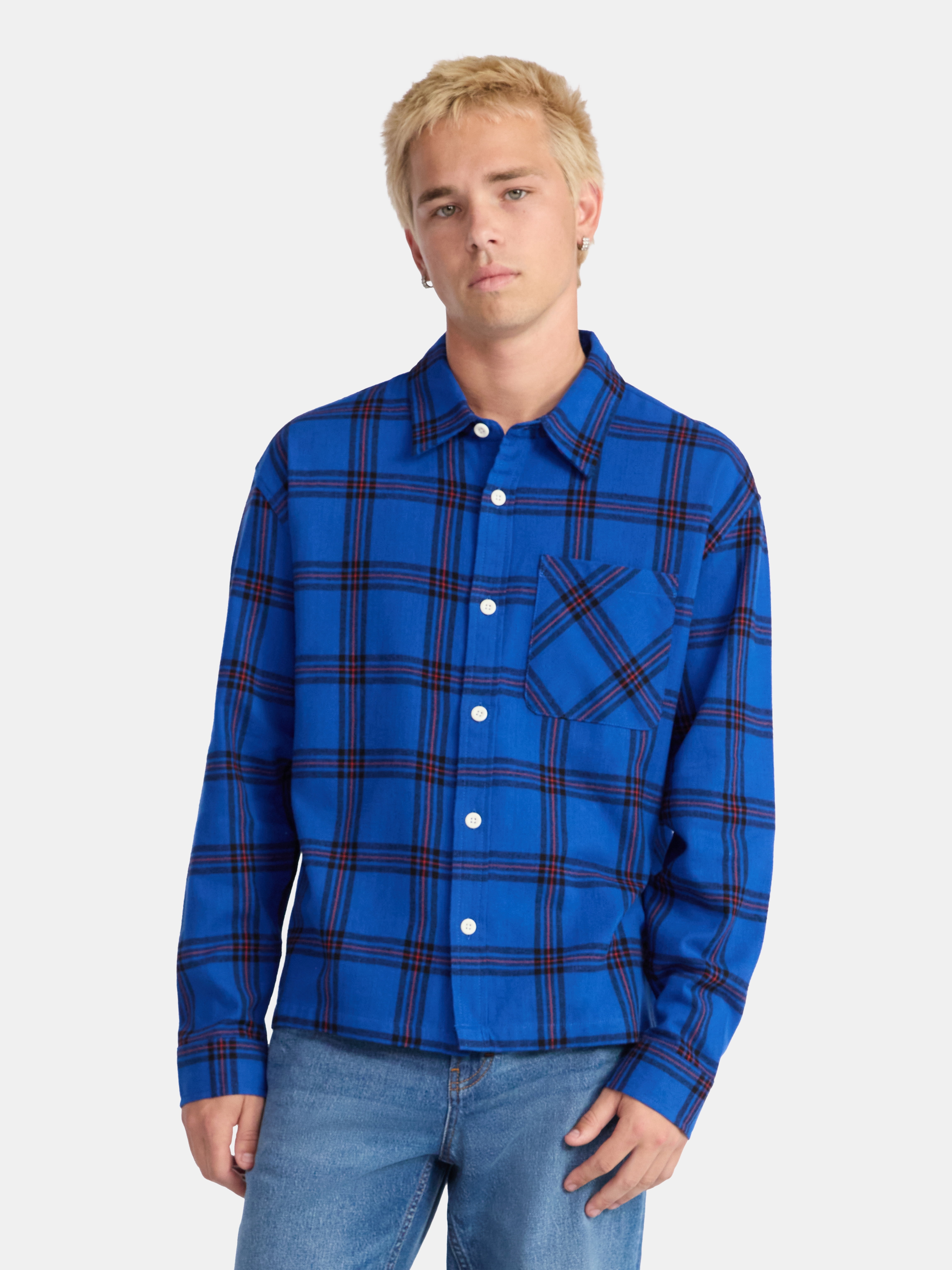 No Boundaries Collared Cotton Boxy Cropped Fit Flannel Shirt, Men's and Big Men's Sizes XS-5XL