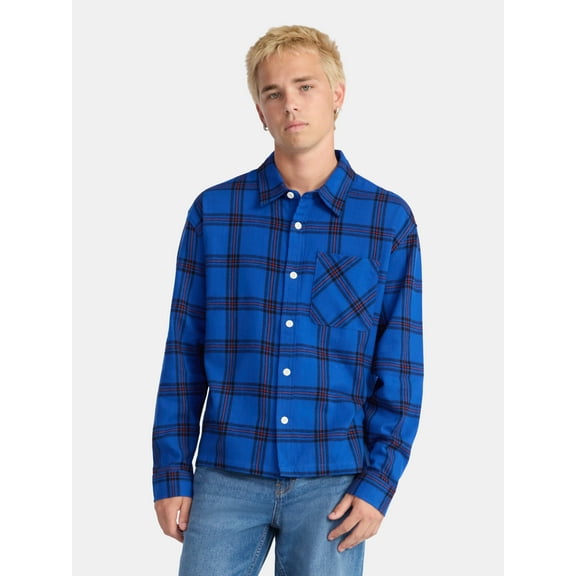 No Boundaries Collared Cotton Boxy Cropped Fit Flannel Shirt, Men's and Big Men's Sizes XS-5XL