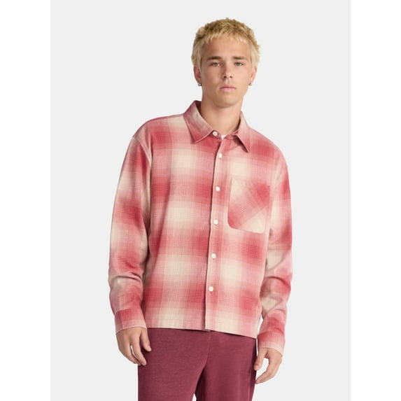 No Boundaries Collared Cotton Boxy Cropped Fit Flannel Shirt, Men's and Big Men's Sizes XS-5XL
