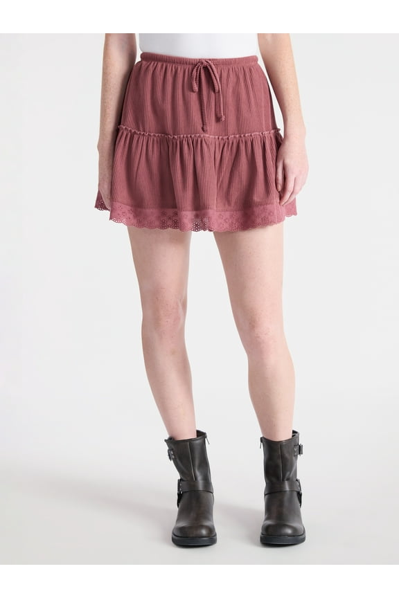 Drawcord Ruffle Mini Skirt with Lace Trim, Women's