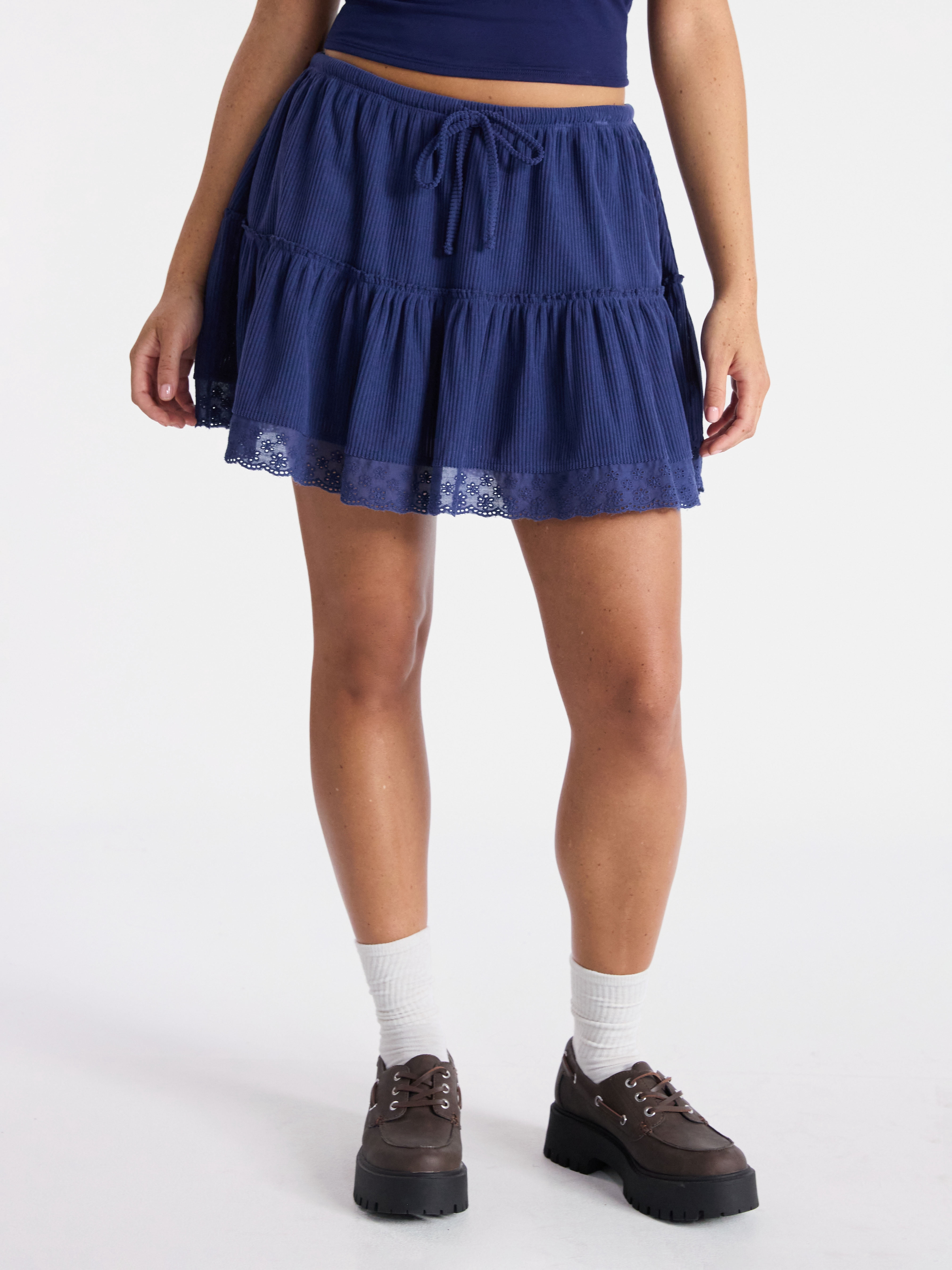 No Boundaries Drawcord Ruffle Mini Skirt with Lace Trim, Women's