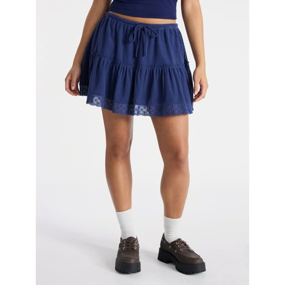 No Boundaries Drawcord Ruffle Mini Skirt with Lace Trim, Women's