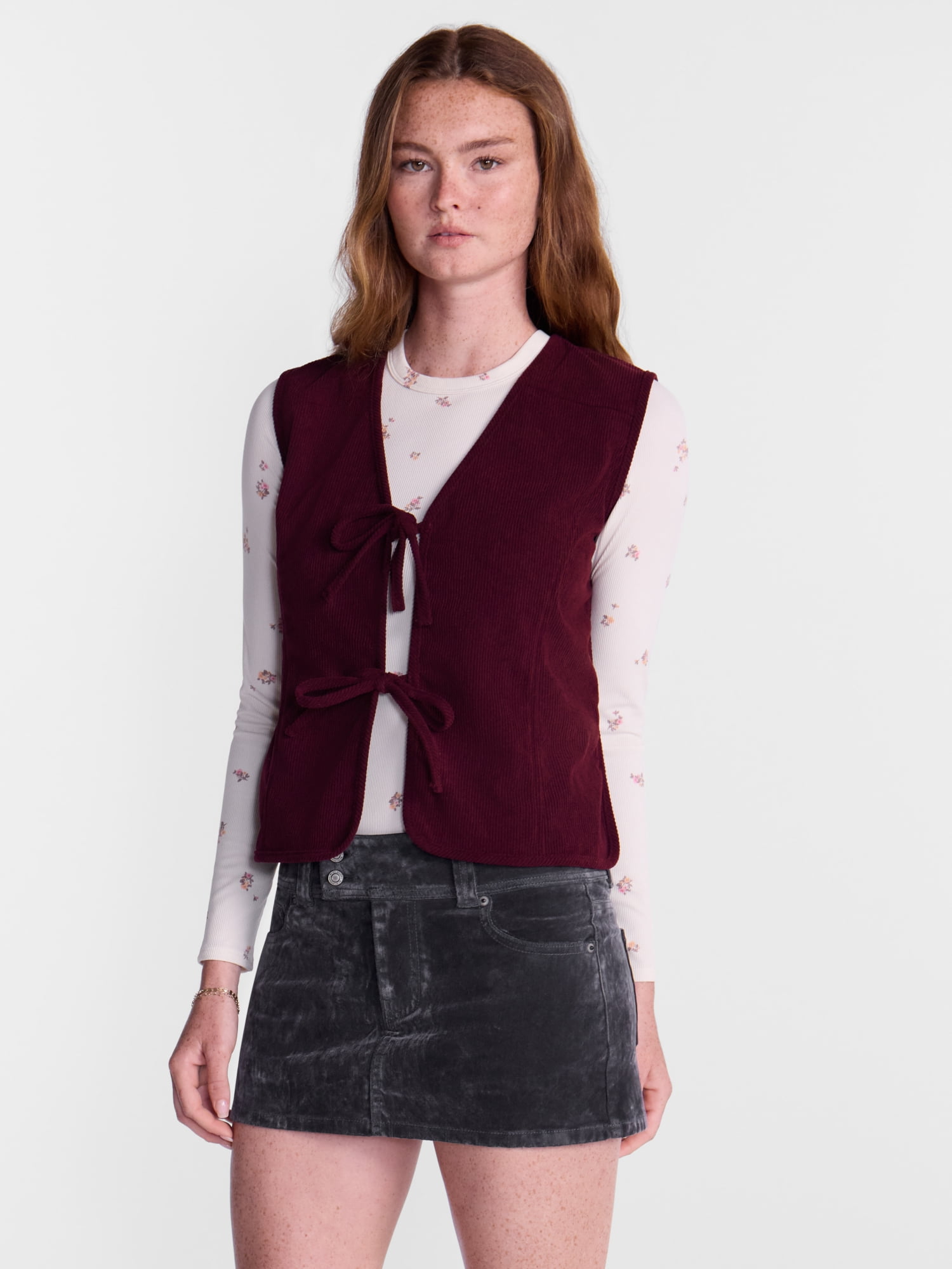 No Boundaries Tie Front Corduroy Vest, Women's and Women's Plus S-3X