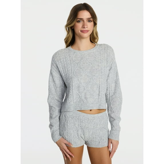 No Boundaries Cable Knit Pullover Sweater, Lightweight, Women’s
