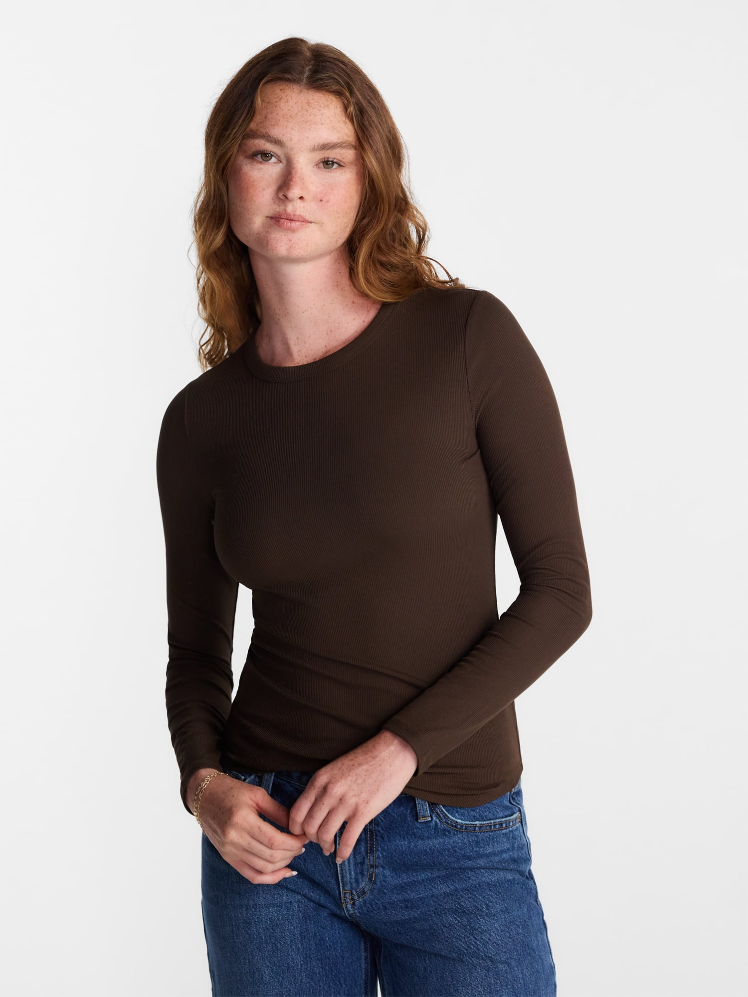 No Boundaries Ribbed Crewneck Tee with Long Sleeves, Women's and Women's Plus XXS-4X