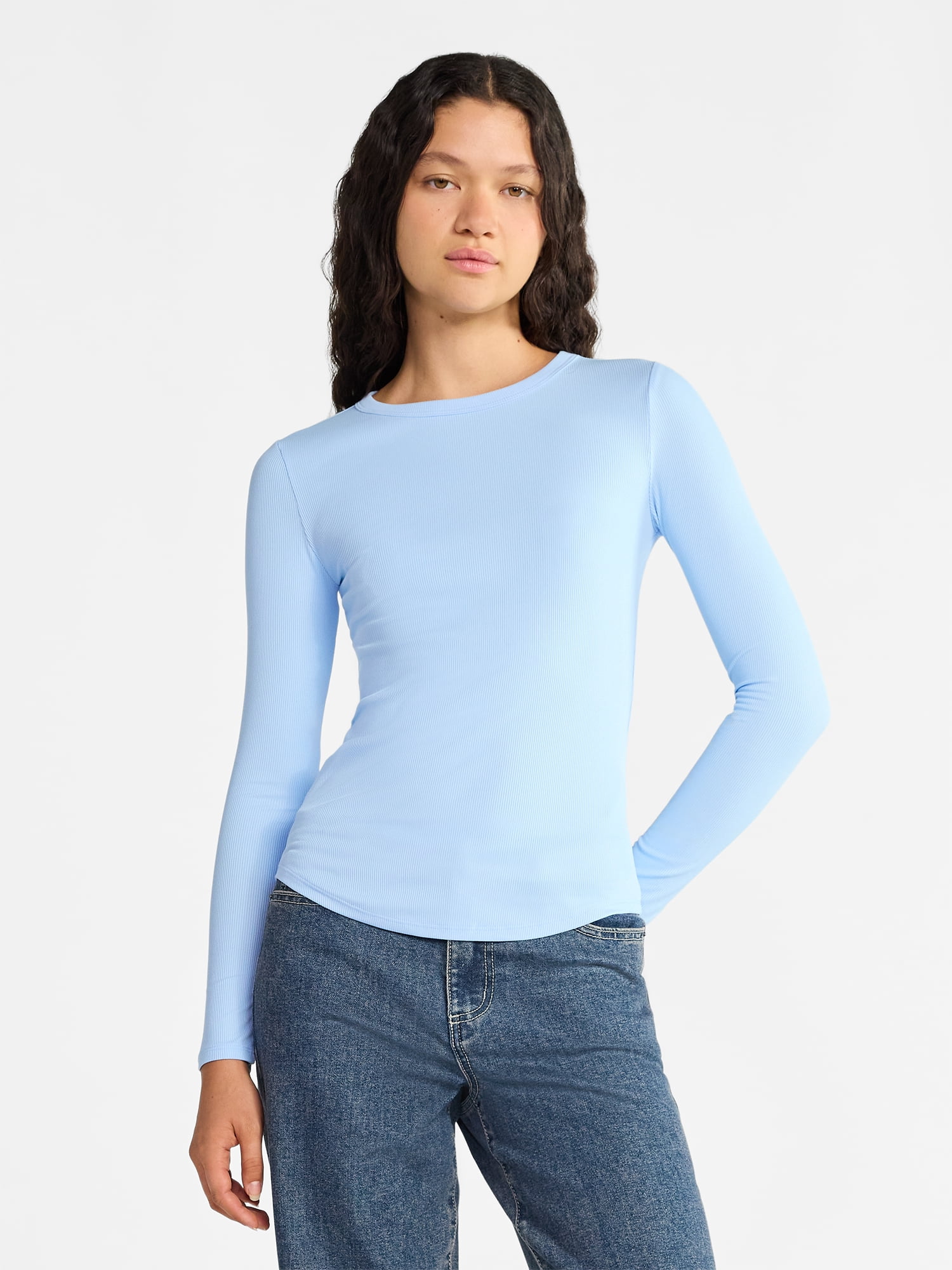 No Boundaries Ribbed Crewneck Tee with Long Sleeves, 1 or 2-Pack, Women's & Women's Plus XXS-XXL