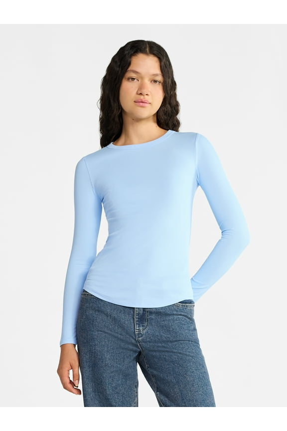 Ribbed Crewneck Tee with Long Sleeves, 1 or 2-Pack, Women's & Women's Plus XXS-XXL
