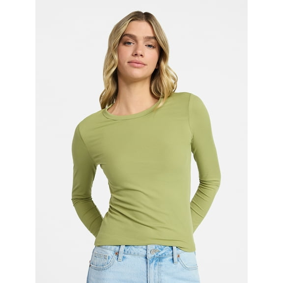 No Boundaries Ribbed Crewneck Tee with Long Sleeves, 1 or 2-Pack, Women's & Women's Plus XXS-XXL