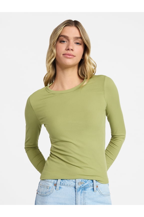 Ribbed Crewneck Tee with Long Sleeves, 1 or 2-Pack, Women's & Women's Plus XXS-XXL