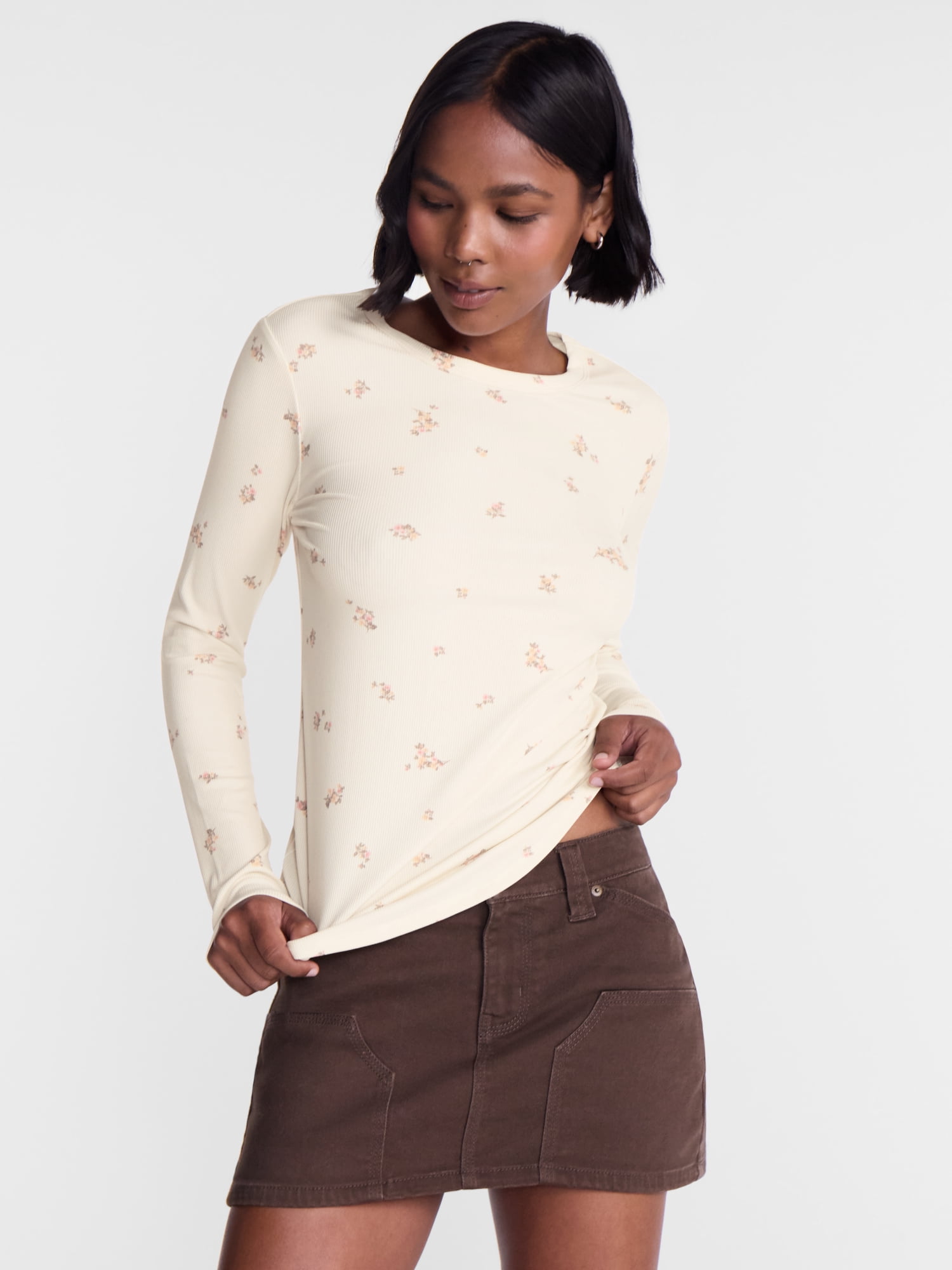 No Boundaries Ribbed Crewneck Tee with Long Sleeves, Women's and Women's Plus XXS-4X