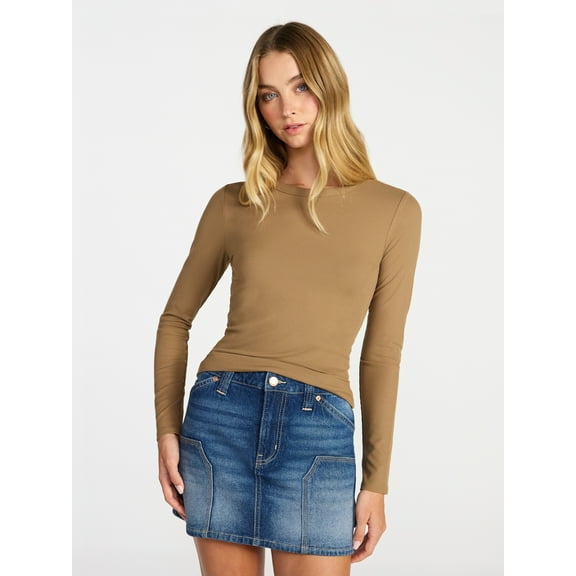 No Boundaries Crew Ribbed Tee with Long Sleeves, Women's XXS-XXL