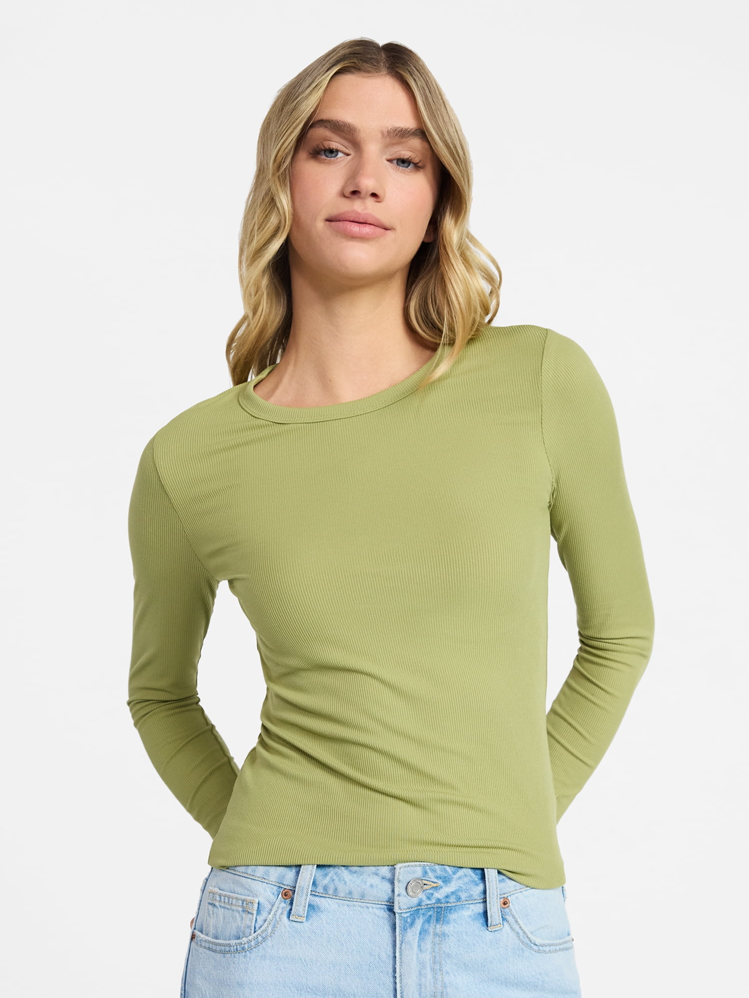 No Boundaries Crew Ribbed Tee with Long Sleeves, Women's XXS-XXL