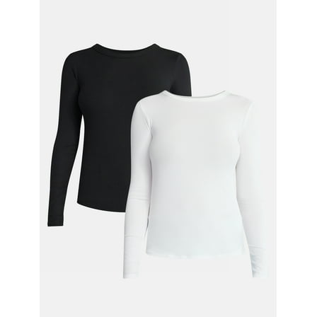 No Boundaries Ribbed Crewneck Tee with Long Sleeves, 1 or 2-Pack, Women's & Women's Plus XXS-XXL