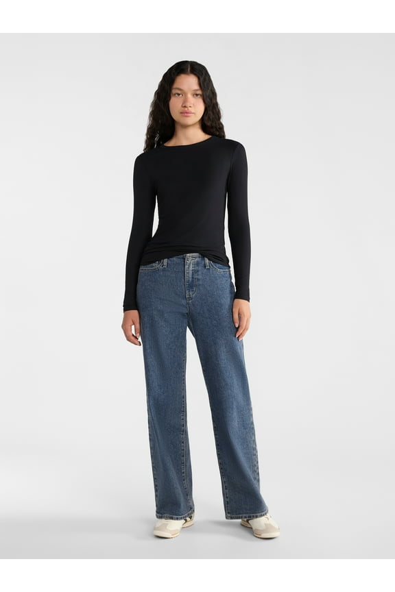 Ribbed Crewneck Tee with Long Sleeves, 1 or 2-Pack, Women's & Women's Plus XXS-XXL