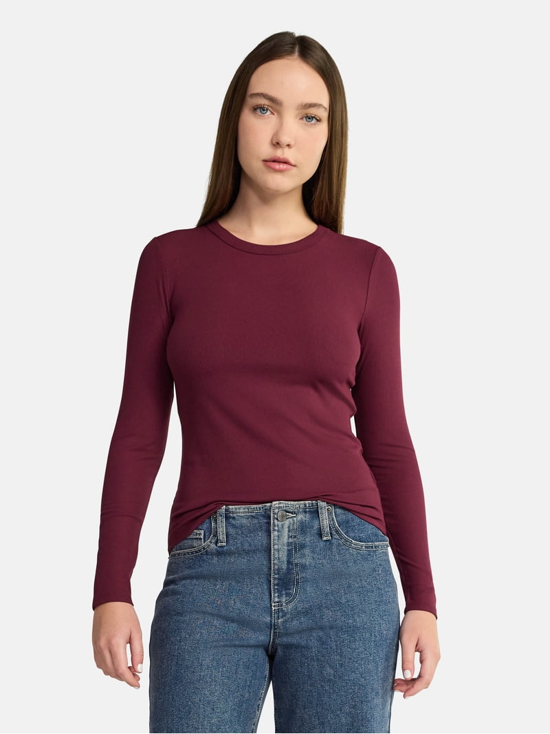 No Boundaries Ribbed Crewneck Tee with Long Sleeves, 1 or 2-Pack