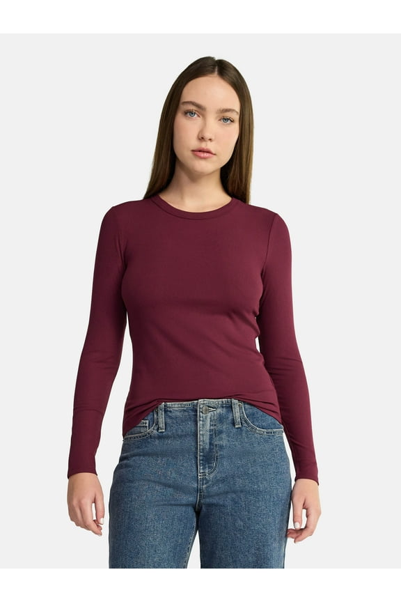 Ribbed Crewneck Tee with Long Sleeves, 1 or 2-Pack, Women's & Women's Plus XXS-XXL