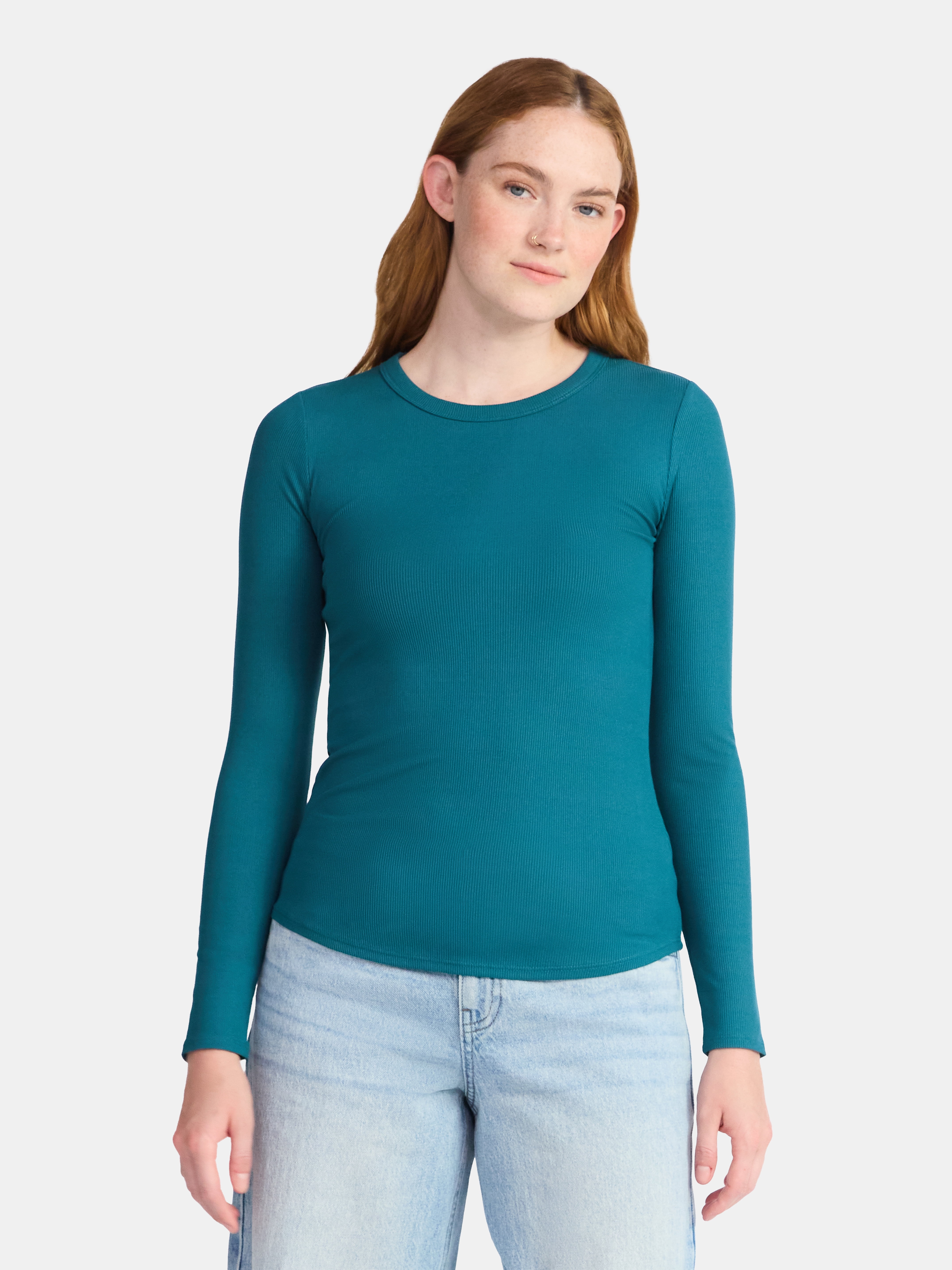 No Boundaries Ribbed Crewneck Tee with Long Sleeves, 1 or 2-Pack, Women's & Women's Plus XXS-XXL
