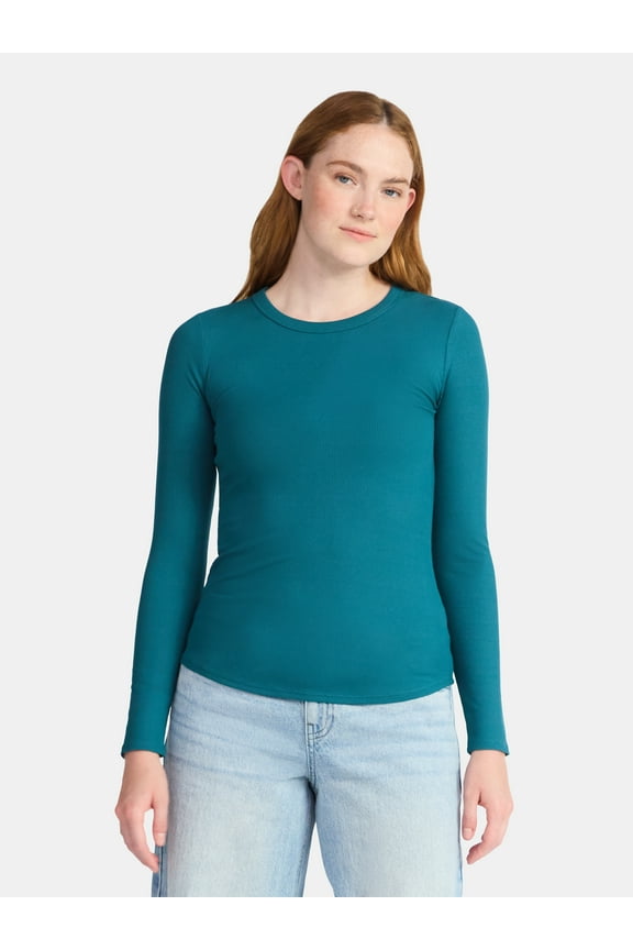 Ribbed Crewneck Tee with Long Sleeves, 1 or 2-Pack, Women's & Women's Plus XXS-XXL