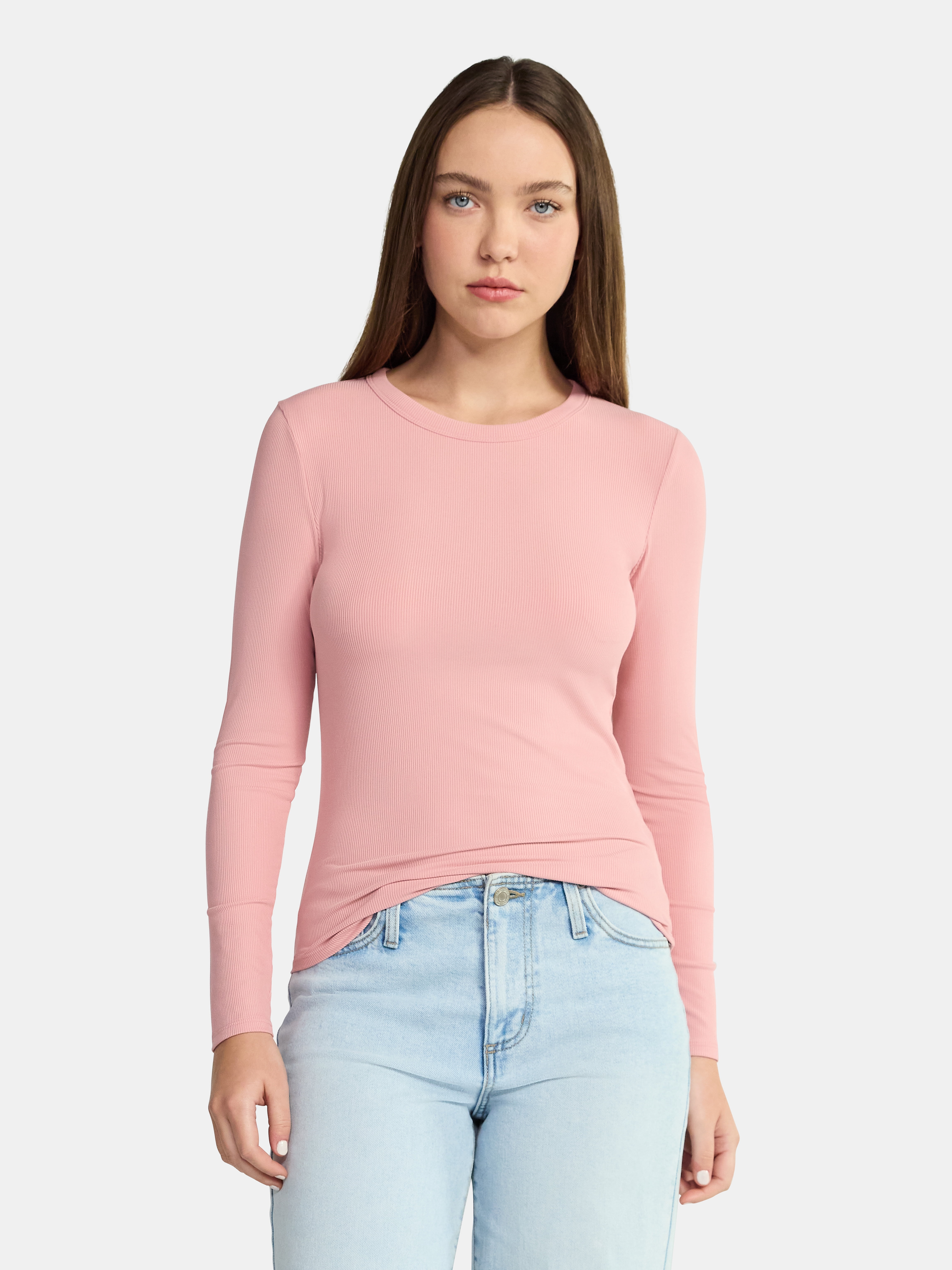 No Boundaries Crew Ribbed Tee with Long Sleeves, Women's