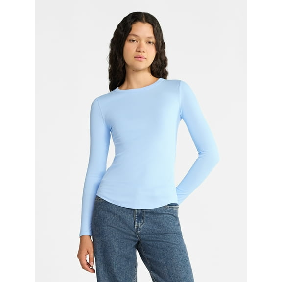 No Boundaries Ribbed Crewneck Tee with Long Sleeves, 1 or 2-Pack, Women's & Women's Plus XXS-XXL