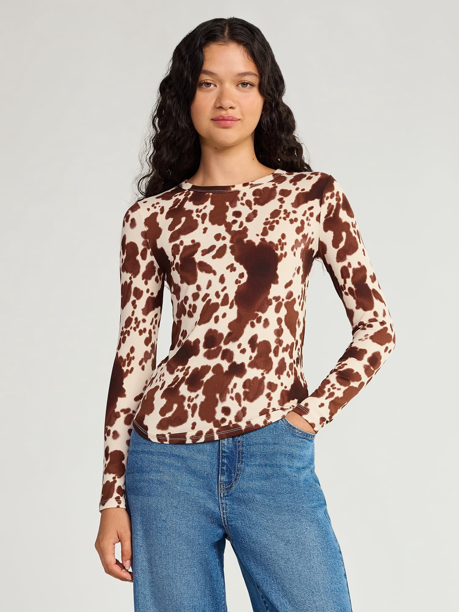 No Boundaries Ribbed Crewneck Tee with Long Sleeves, 1 or 2-Pack, Women's & Women's Plus XXS-XXL