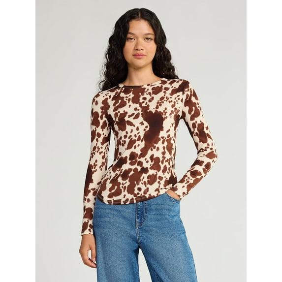 No Boundaries Ribbed Crewneck Tee with Long Sleeves, 1 or 2-Pack, Women's & Women's Plus XXS-XXL