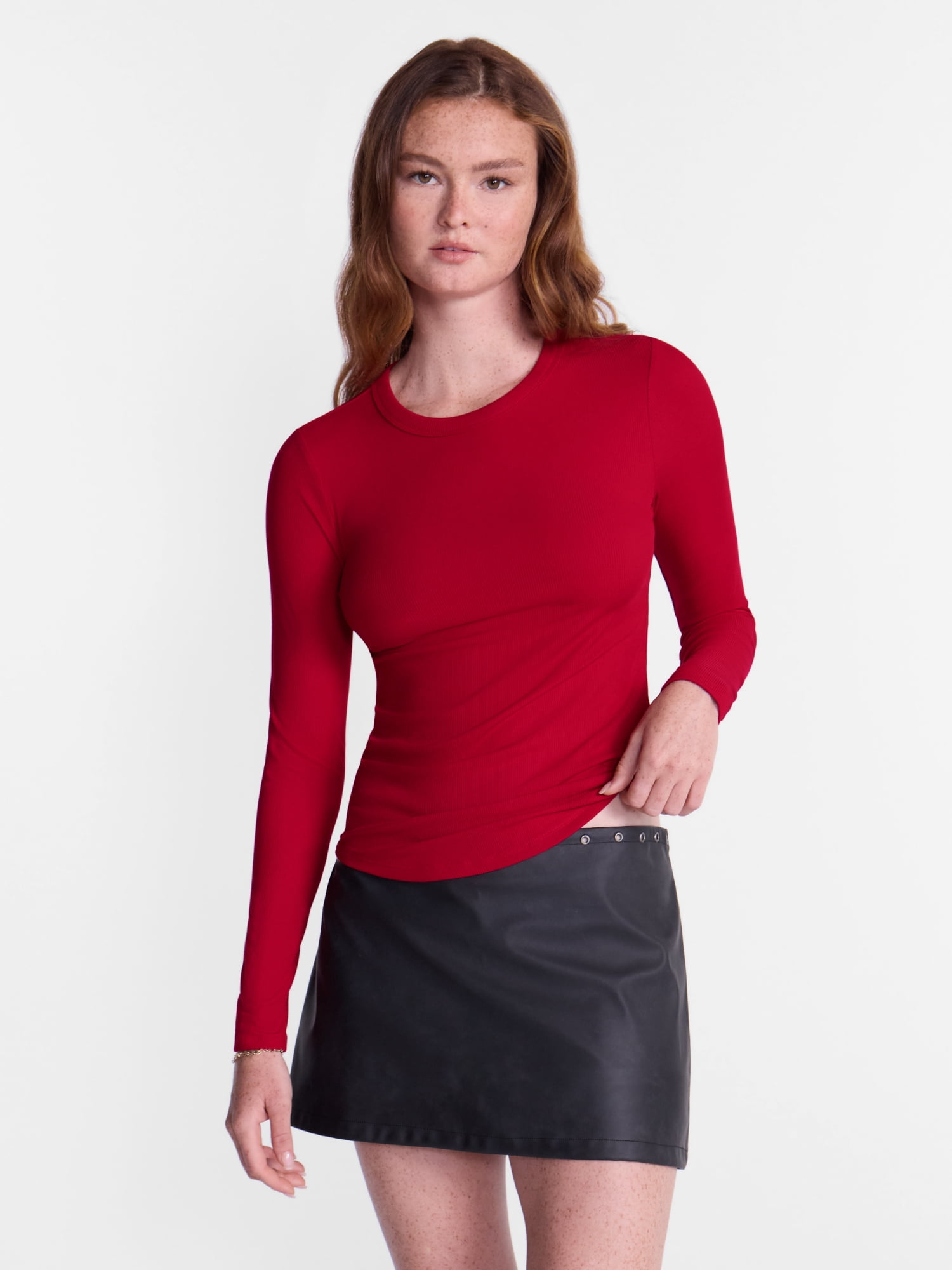 No Boundaries Ribbed Crewneck Tee with Long Sleeves, Women's and Women's Plus XXS-4X