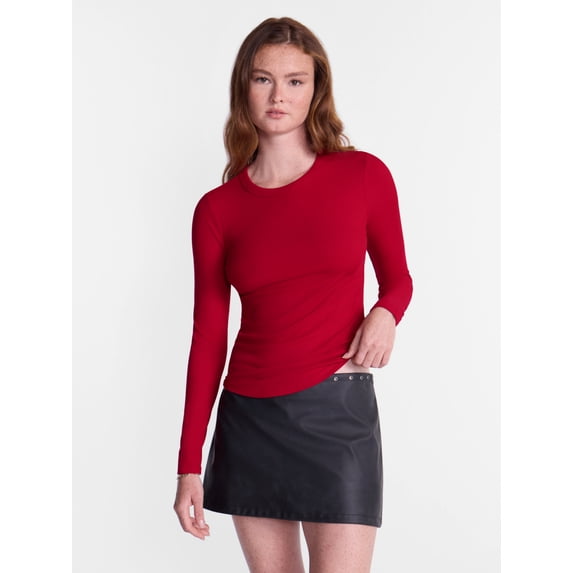 No Boundaries Ribbed Crewneck Tee with Long Sleeves, Women's & Women's Plus XXS-4X