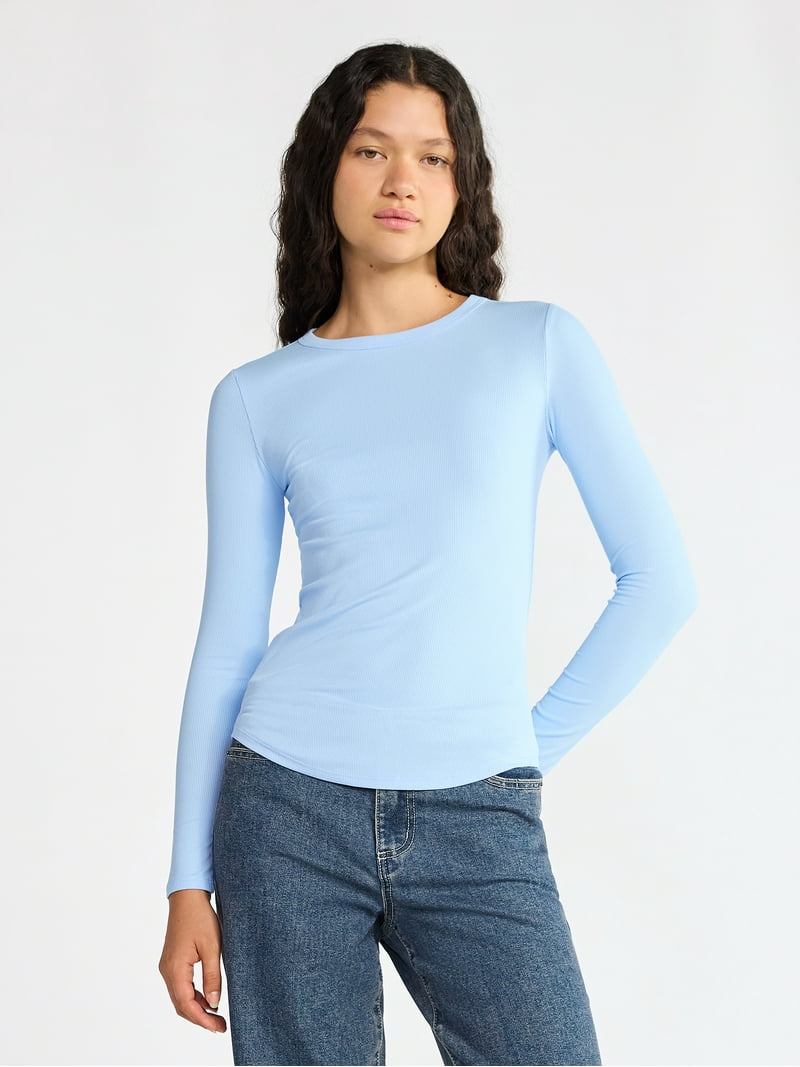 No Boundaries Ribbed Crewneck Tee with Long Sleeves, 1 or 2-Pack