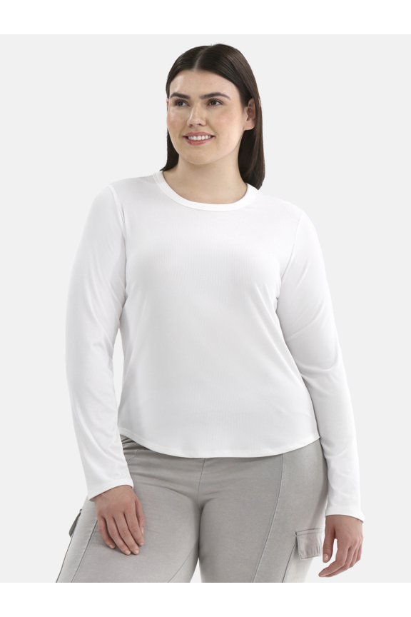 Ribbed Crewneck Tee with Long Sleeves, Women's Plus, Sizes 1X-4X