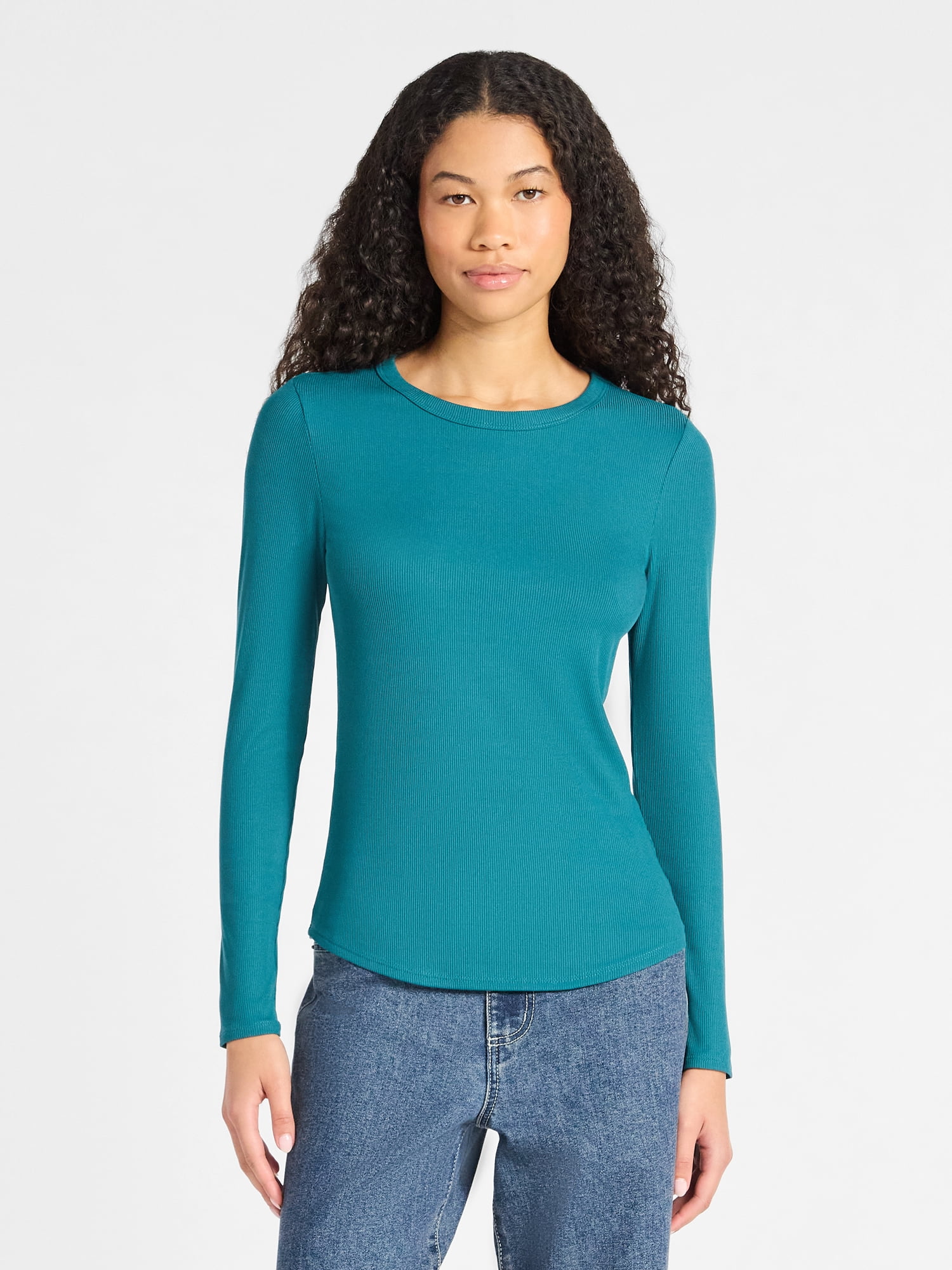 No Boundaries Ribbed Crewneck Tee with Long Sleeves, 1 or 2-Pack, Women's & Women's XXS-XXL