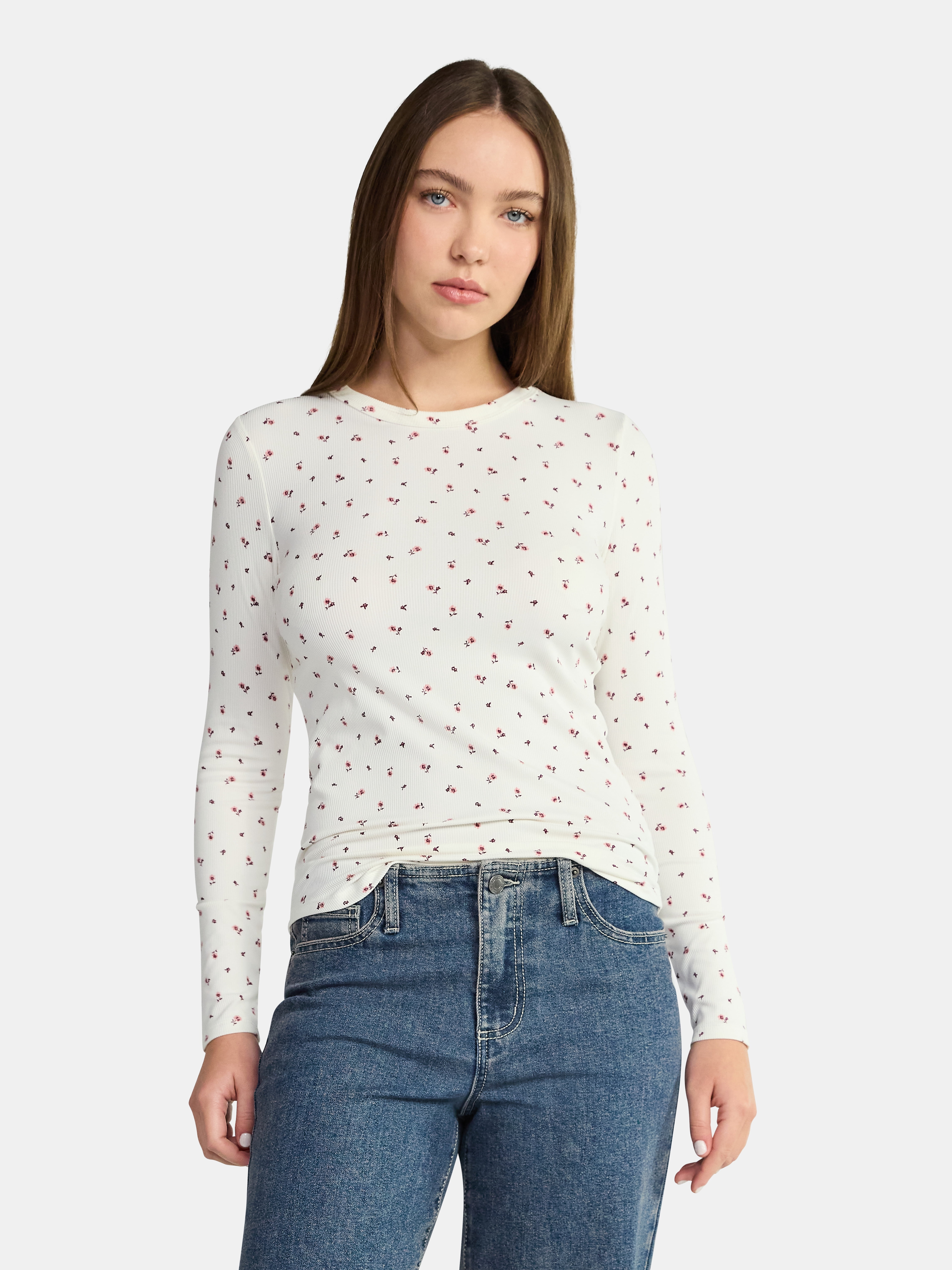 No Boundaries Ribbed Crewneck Tee with Long Sleeves, 1 or 2-Pack, Women's & Women's Plus XXS-XXL