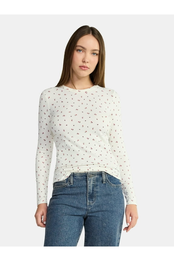 Ribbed Crewneck Tee with Long Sleeves, 1 or 2-Pack, Women's & Women's Plus XXS-XXL