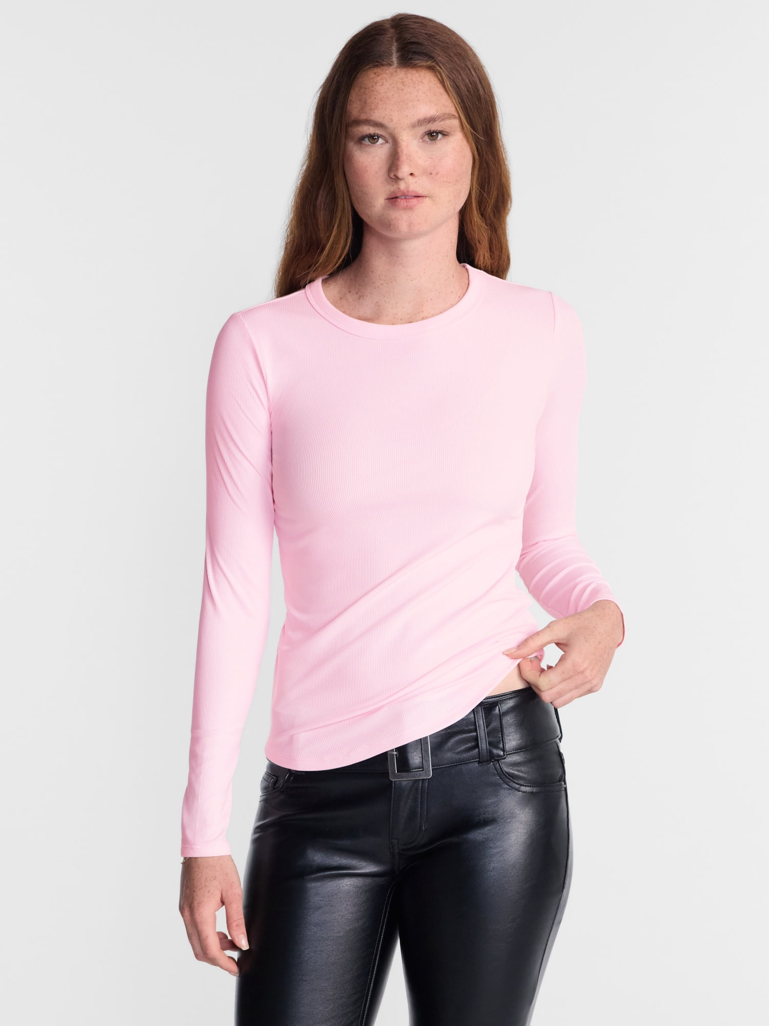 No Boundaries Ribbed Crewneck Tee with Long Sleeves, Women's and Women's Plus XXS-4X