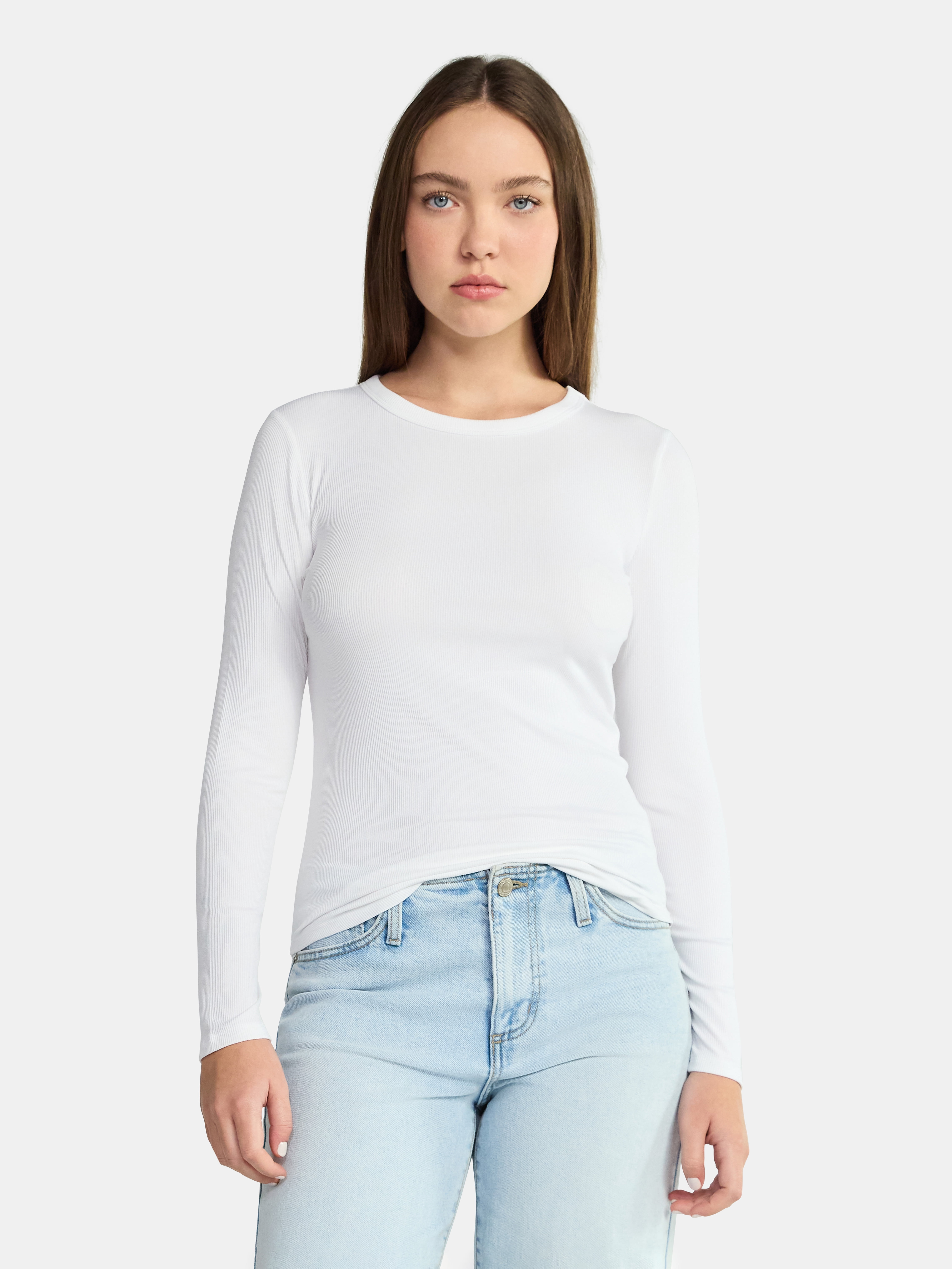 No Boundaries Ribbed Crewneck Tee with Long Sleeves, 1 or 2-Pack, Women's & Women's Plus XXS-XXL