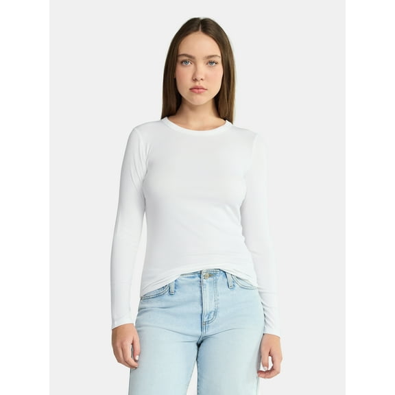 No Boundaries Ribbed Crewneck Tee with Long Sleeves, 1 or 2-Pack, Women's & Women's Plus XXS-XXL