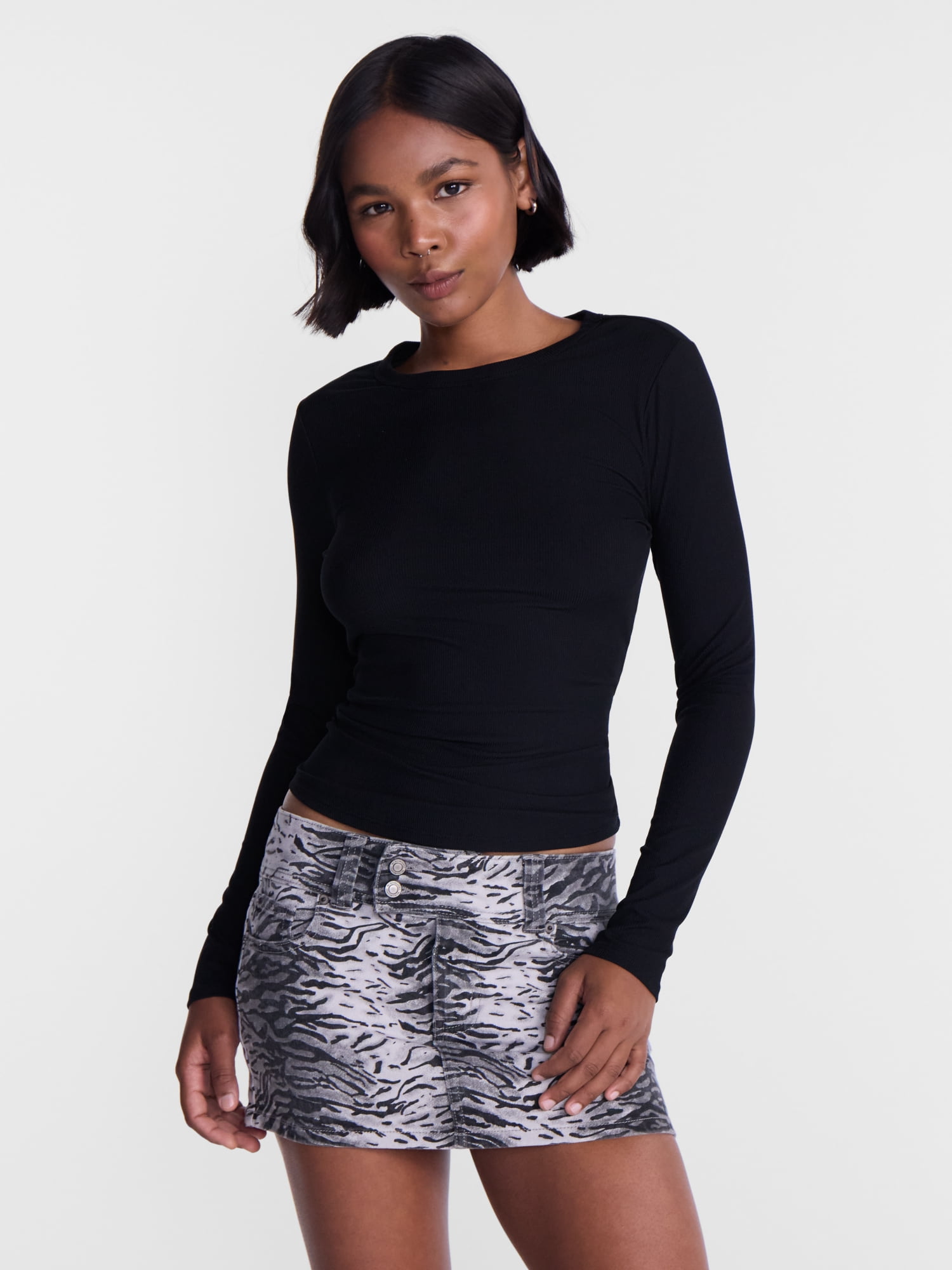 No Boundaries Ribbed Crewneck Tee with Long Sleeves, Women's and Women's Plus XXS-4X
